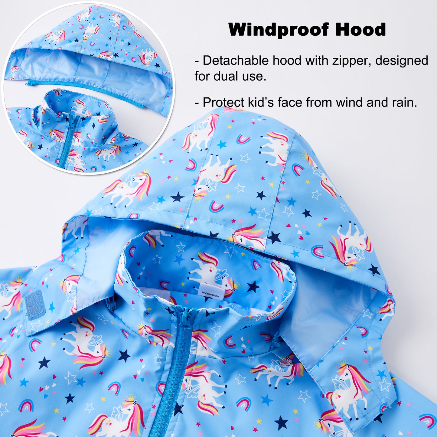 Girls Rain Jackets, Kids Waterproof Jacket Hooded Raincoats Lightweight Windbreaker Cartoon Windproof Outdoor Coats for Spring Fall