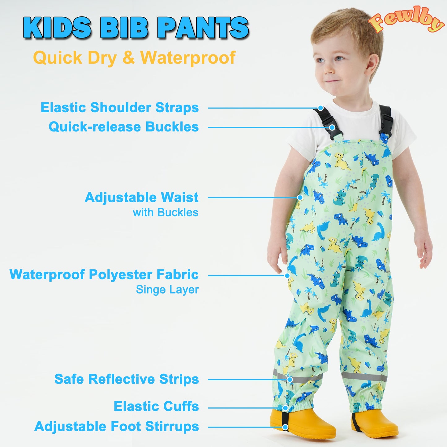 Kids Waterproof Rain Bib Pants, Boys Girls Rain Pants Cartoon Rain Trousers Lightweight Rainwear for Toddlers