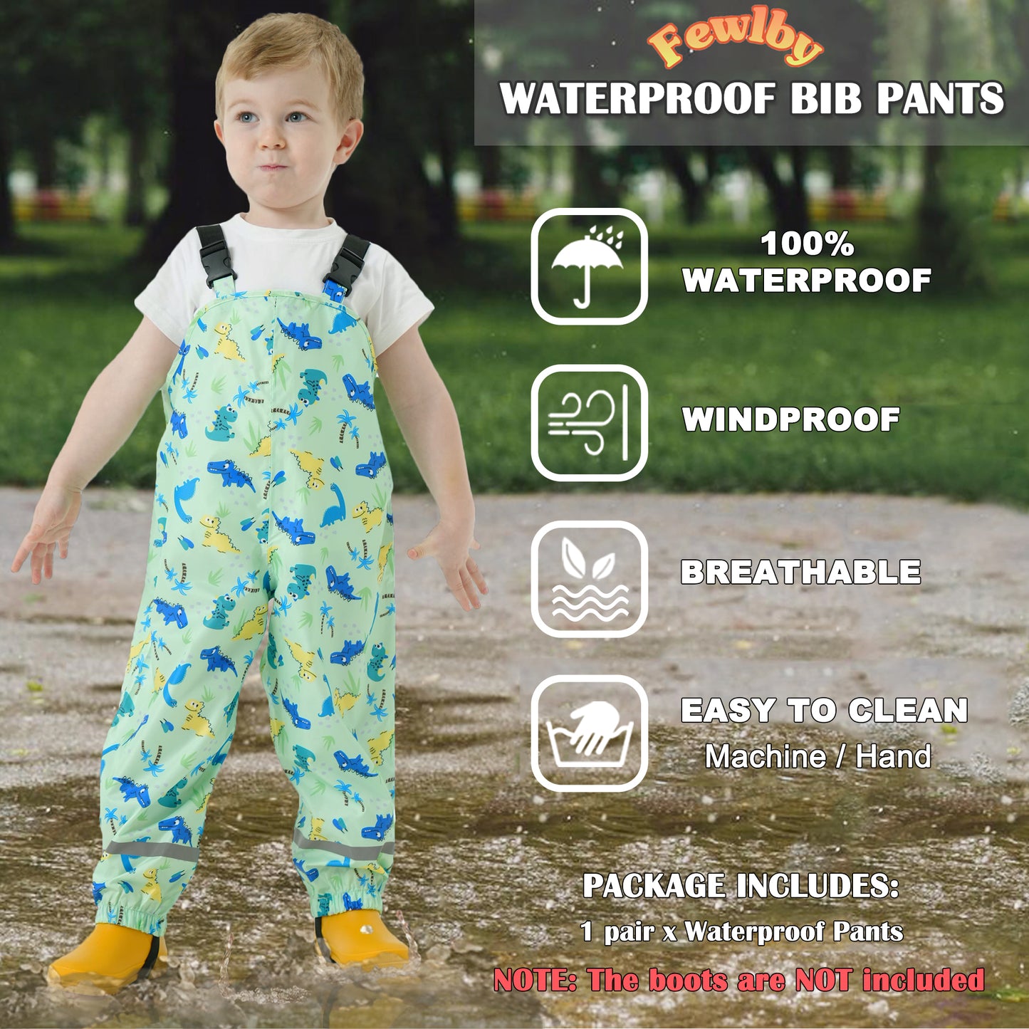 Kids Waterproof Rain Bib Pants, Boys Girls Rain Pants Cartoon Rain Trousers Lightweight Rainwear for Toddlers