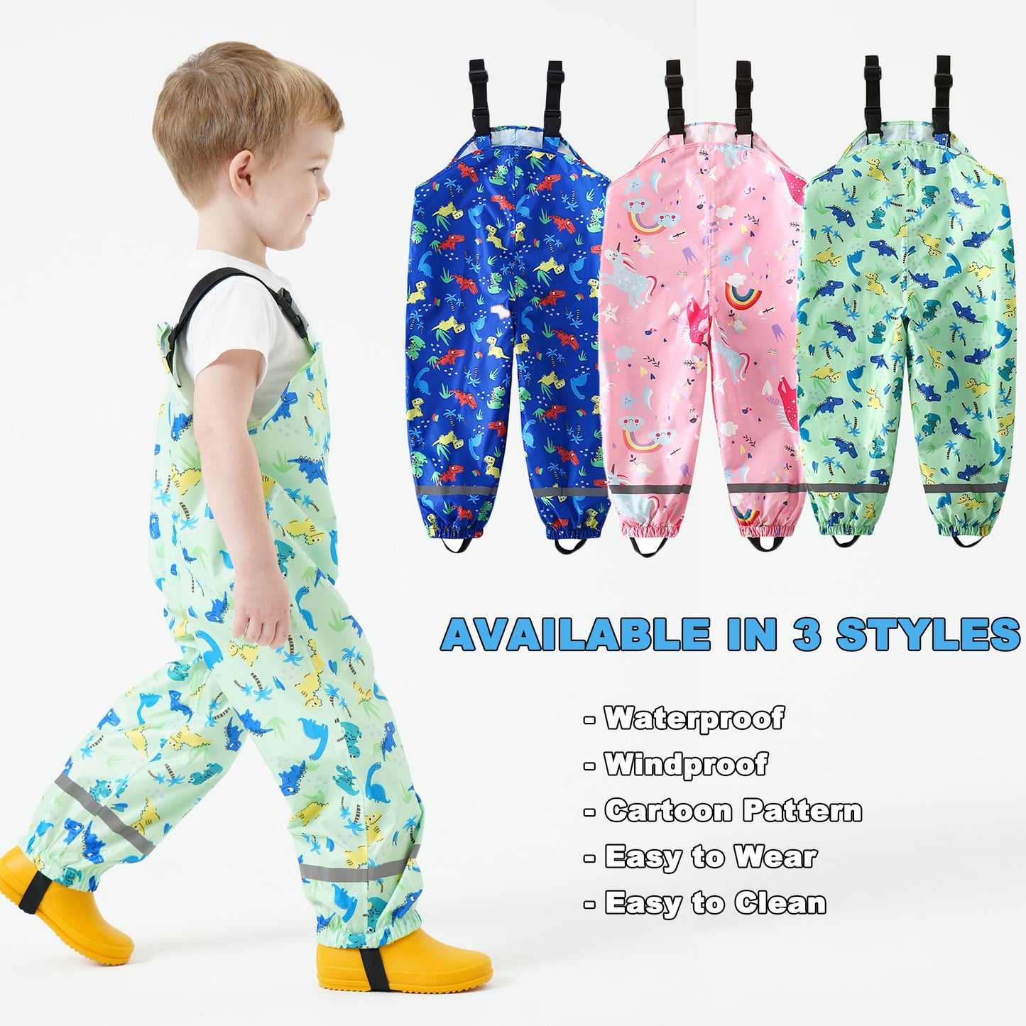 Kids Waterproof Rain Bib Pants, Boys Girls Rain Pants Cartoon Rain Trousers Lightweight Rainwear for Toddlers