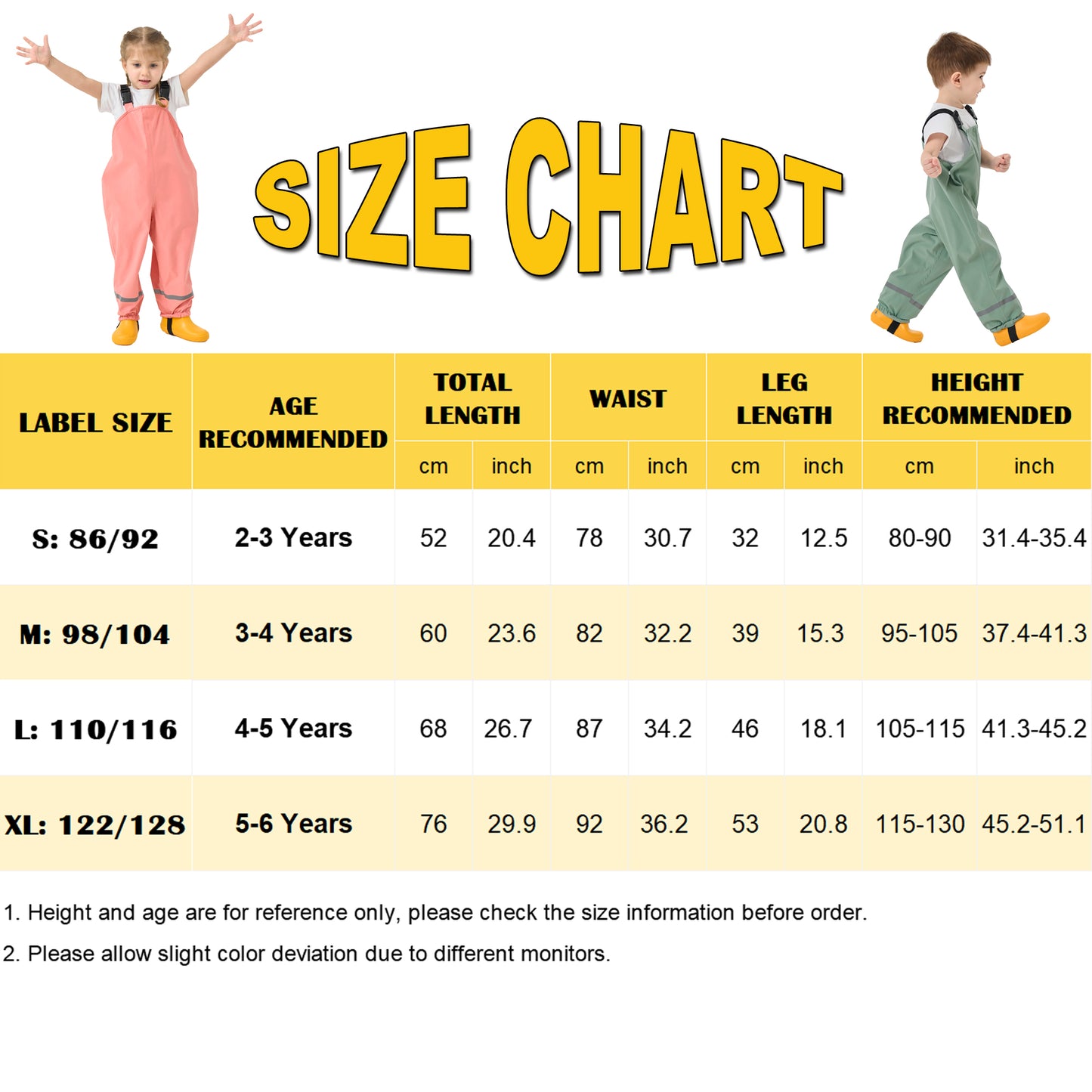 Kids Rain Bib Pants, Toddlers Waterproof Suspender Dirty Proof Rain Wear